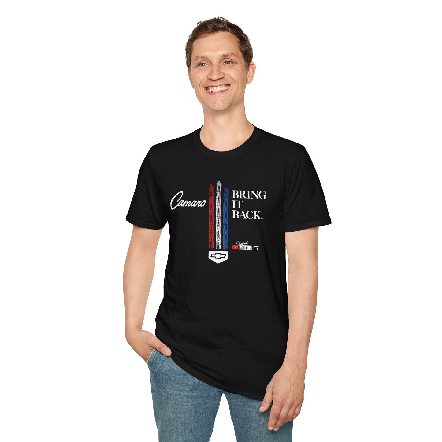 Camaro: Bring It Back | Bring It Back Vintage-Style Unisex Softstyle T-Shirt | Red White and Blue Stripes